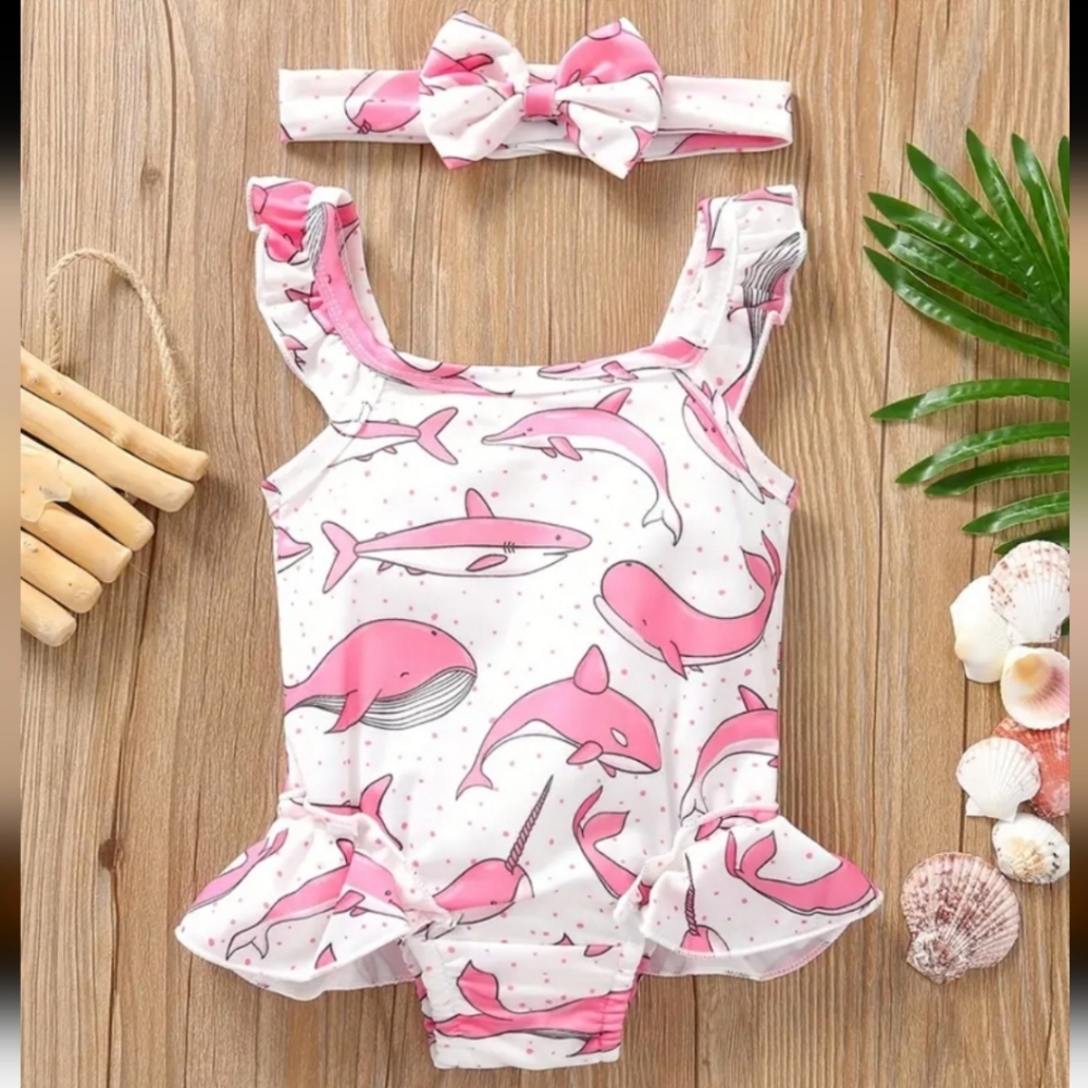 2 pc. Baby Girls Swimsuit with Headband. Dolphins, Whales, Sharks. Sz 1-2 years